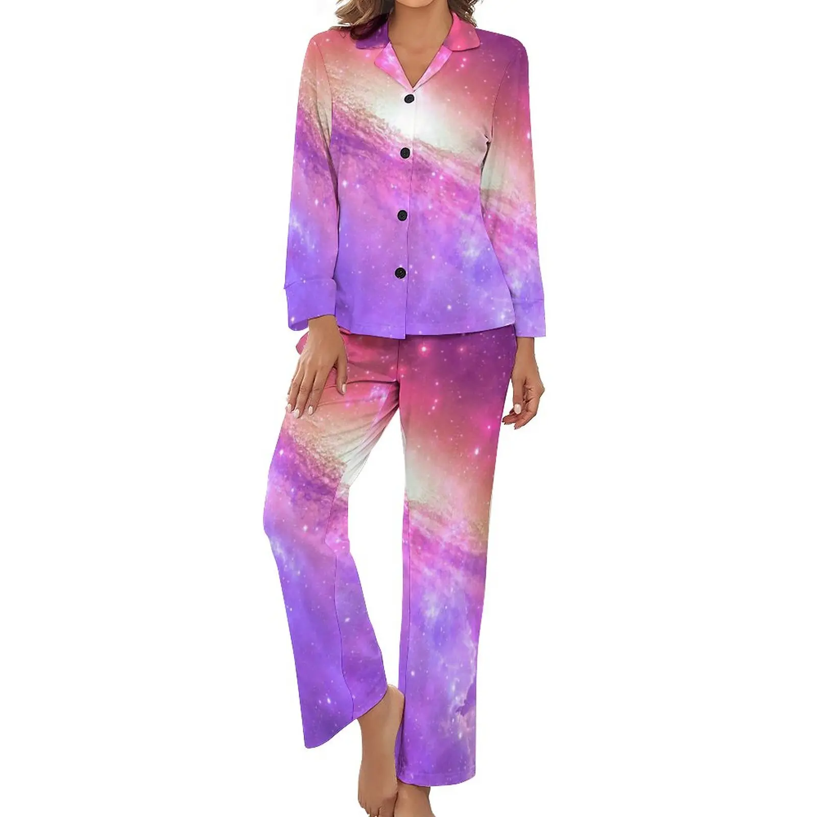 

Colorful Purple Galaxy Pajamas 2 Piece Watercolor Stars Print Warm Pajama Sets Long Sleeve V Neck Aesthetic Pattern Nightwear