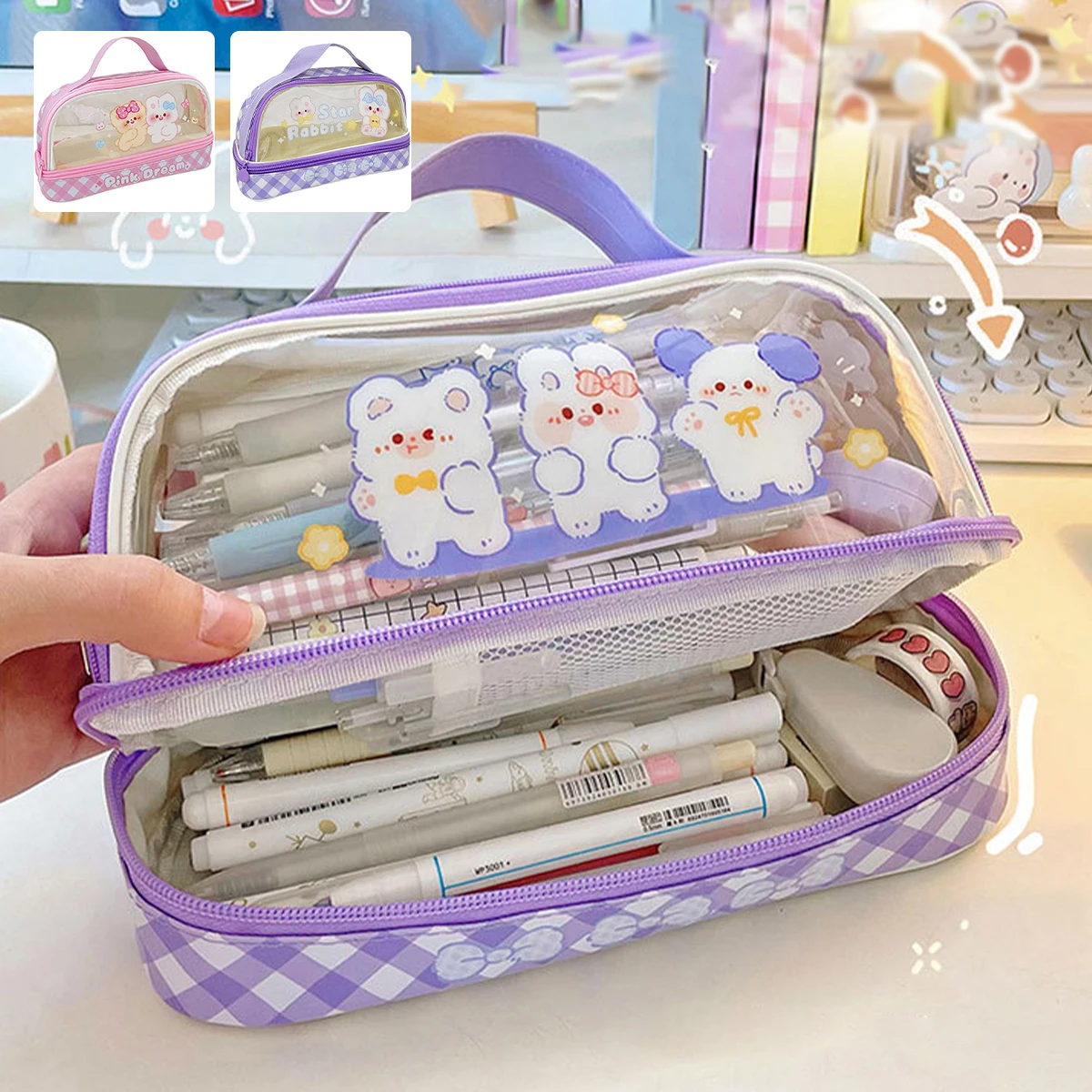 

Pencil Bag 2-Layer Large Capacity Pen Pouch Cartoon Pencil Case Cute School Box Transparent Office Stationery Organizer