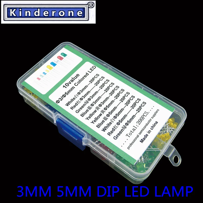200PCS/LOTS 3MM 5MM LED Diode Kit White Green Red Blue Yellow  F3 F5 Led lamp emitting diodes DIY electronic kit