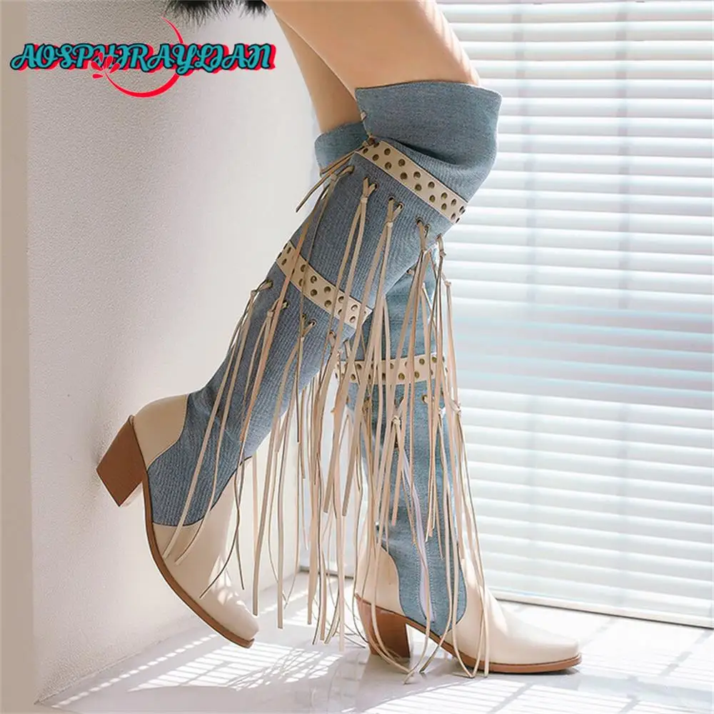

Denim Tassels Fringe Western Cowboy Over-the-knee Boots For Women 2023 Vintage Retro Point Toe Cowgirl Boots Shoes