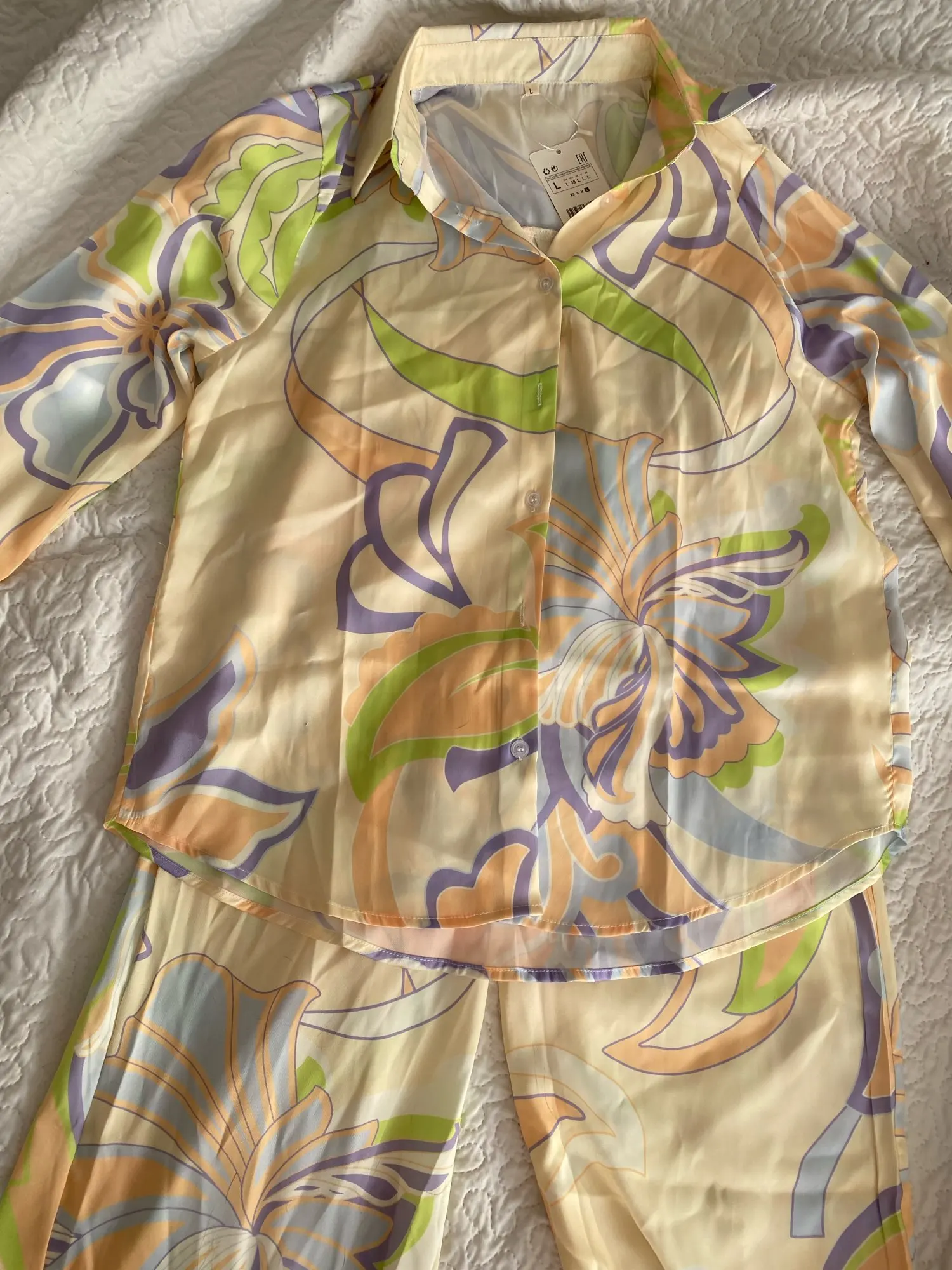 New Satin Print Sleepwear Women's Pyjama Suit Long Sleeve Wide Leg Pants Female Trousers Suit Silk Loose Luxury Pajama For Lady