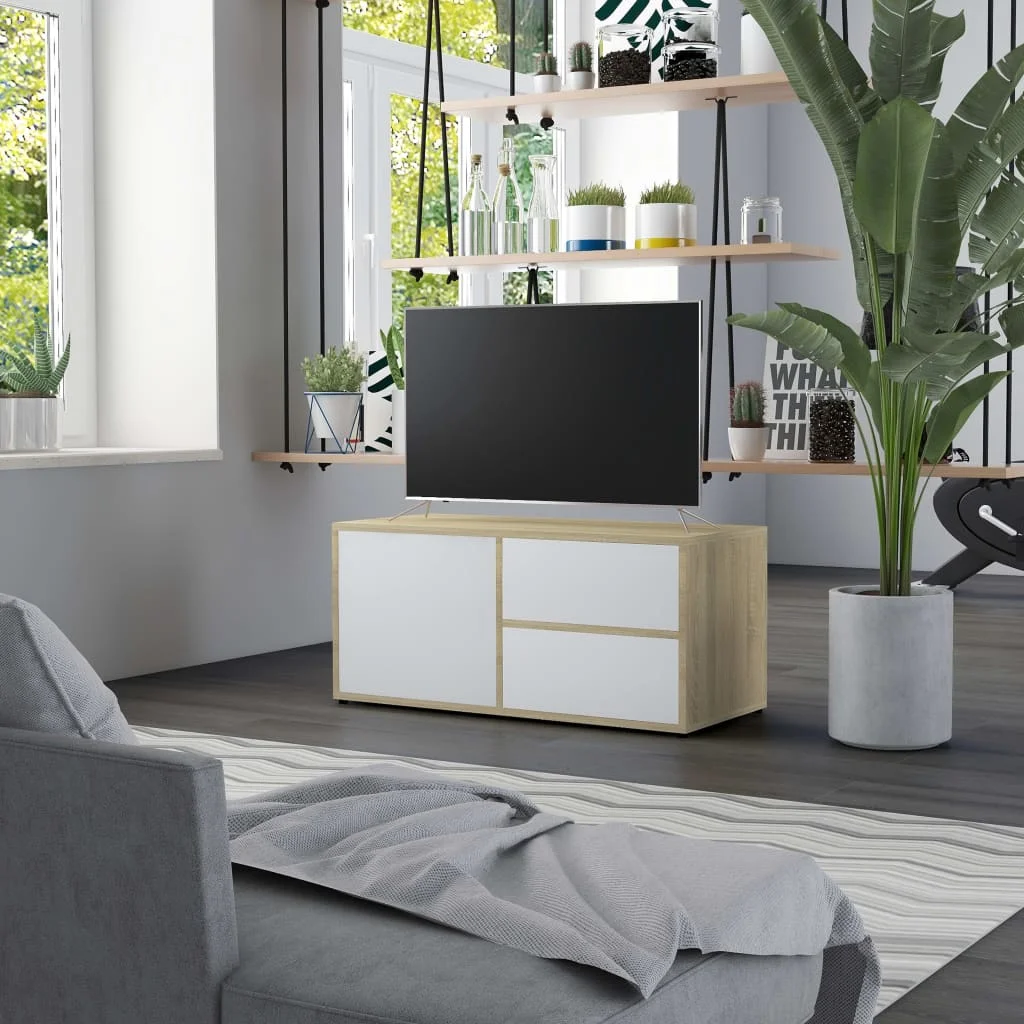 

TV Media Television Entertainment Stands Cabinet Table White and Sonoma Oak 31.5"x13.4"x14.1" Chipboard
