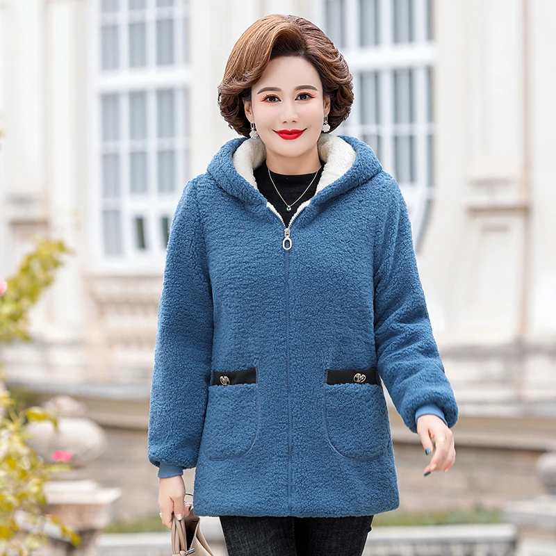 Middle-aged Mothers Faux lamb Wool Coat Hooded Autumn Winter Thicken Loose Outerwear Female Jacket Parkas Casual Tops