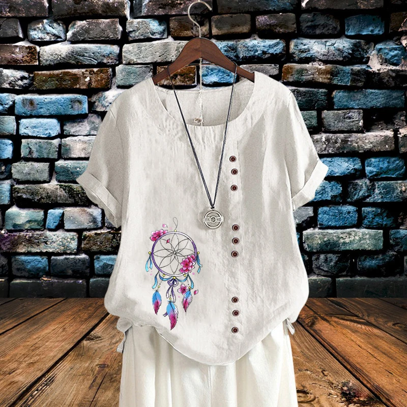 

New Casual Ladies Summer Dreamcatche Printed Linen Tops Breathable Round Neck Short Sleeves Plus Size T Shirts Loose Tops XS-5XL