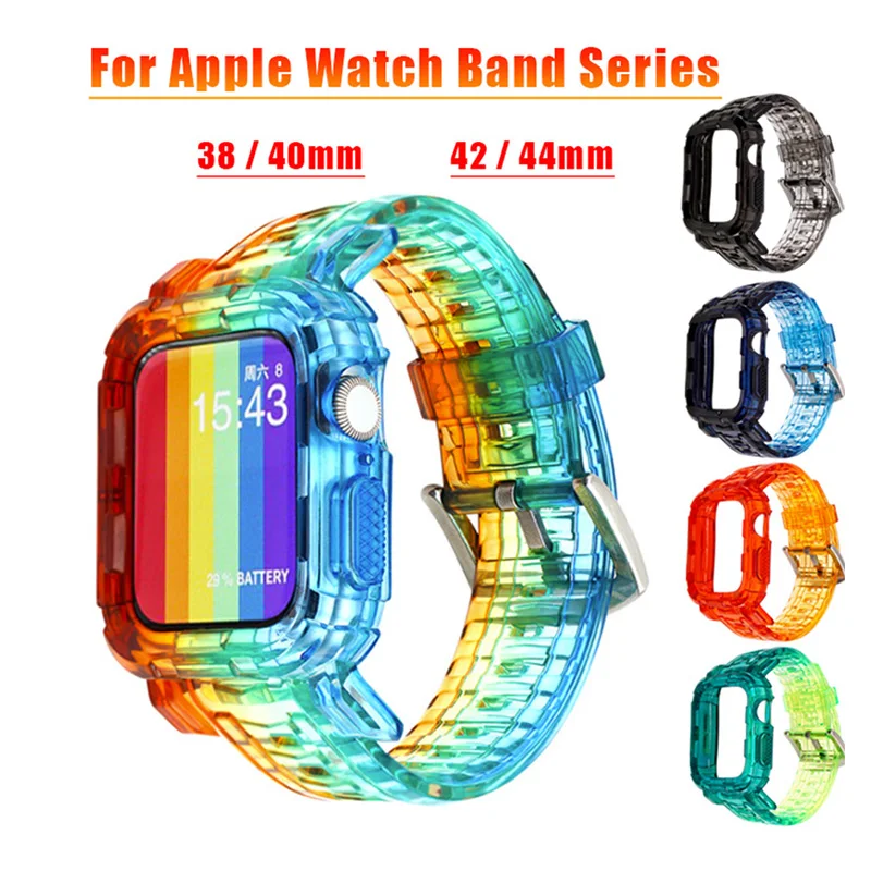 

Ремешок и чехол для часов Apple Watch Series 6 1 2 3 4 5, силиконовый прозрачный градиентный браслет для Iwatch 5 4 38 мм 40 мм 42 мм 44 мм