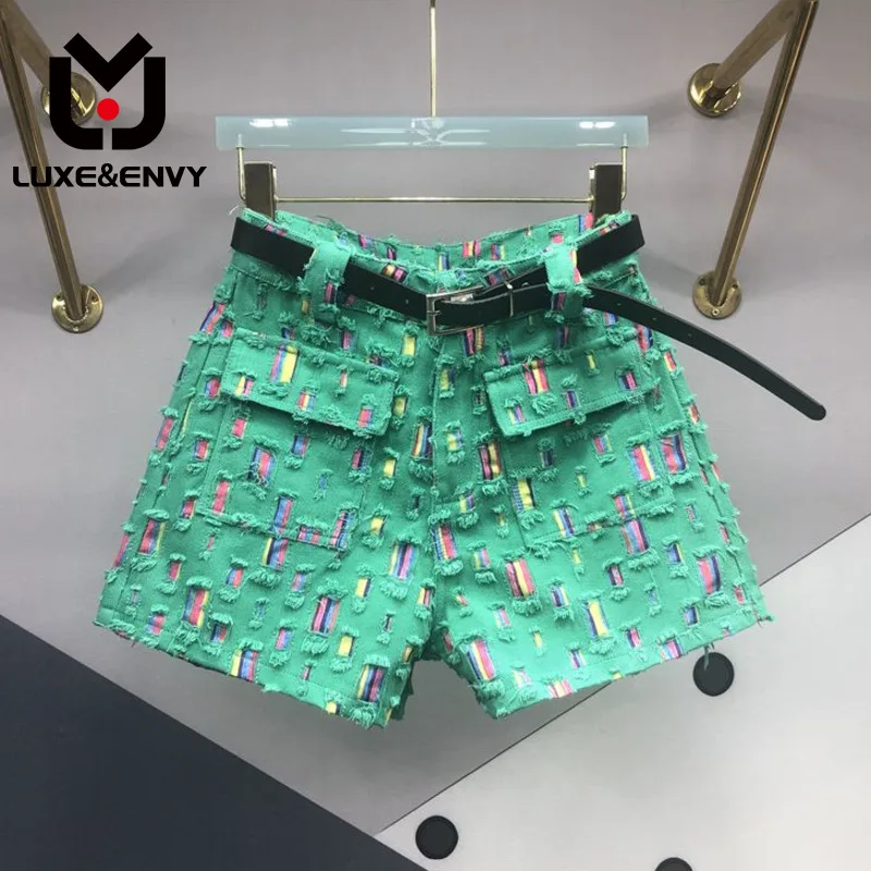 

LUXE&ENVY Perforated Color Stickers Denim Shorts For Women In 2023 Summer New All-around High-waist Slim A-Wide Leg Hot Pants
