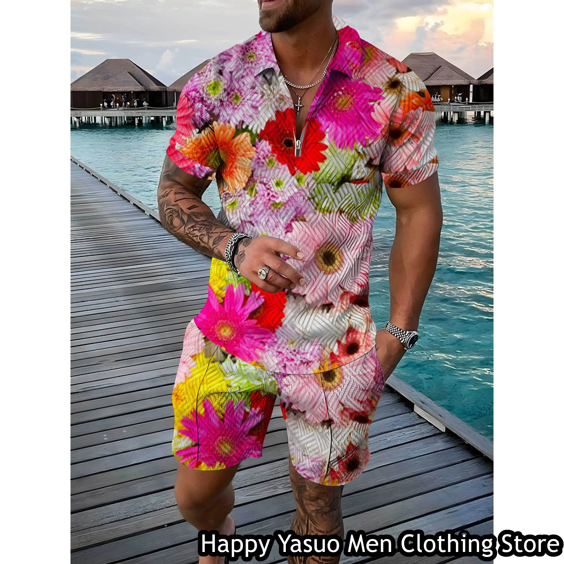 Summer Men Floral Printing Polo Shirt Shorts Man Turn Down collar Polo Set 2 Pieces Fashion Outfit Male Casual Vintage Clothing