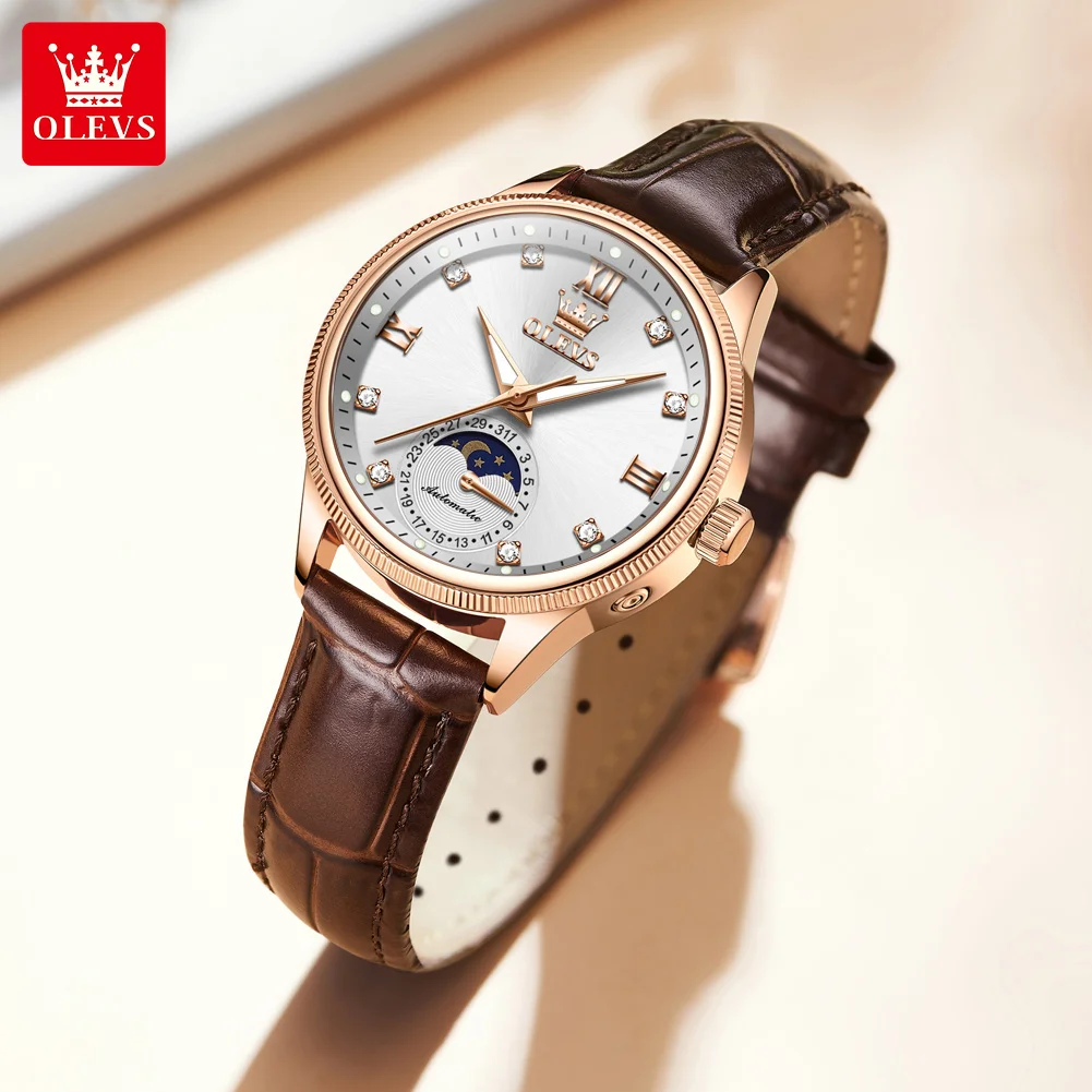 OLEVS оригинальные брендовые модные механические часы с фазой Луны элегантные