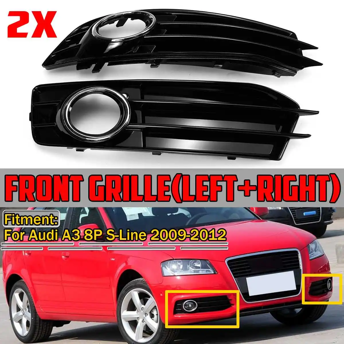 

Chrome Silver/Black 2xCar Front Fog Light Grille Cover Fog Lamp Grille Grill For Audi A3 8P S-Line 2009-2012 8P0807682 8P0807681