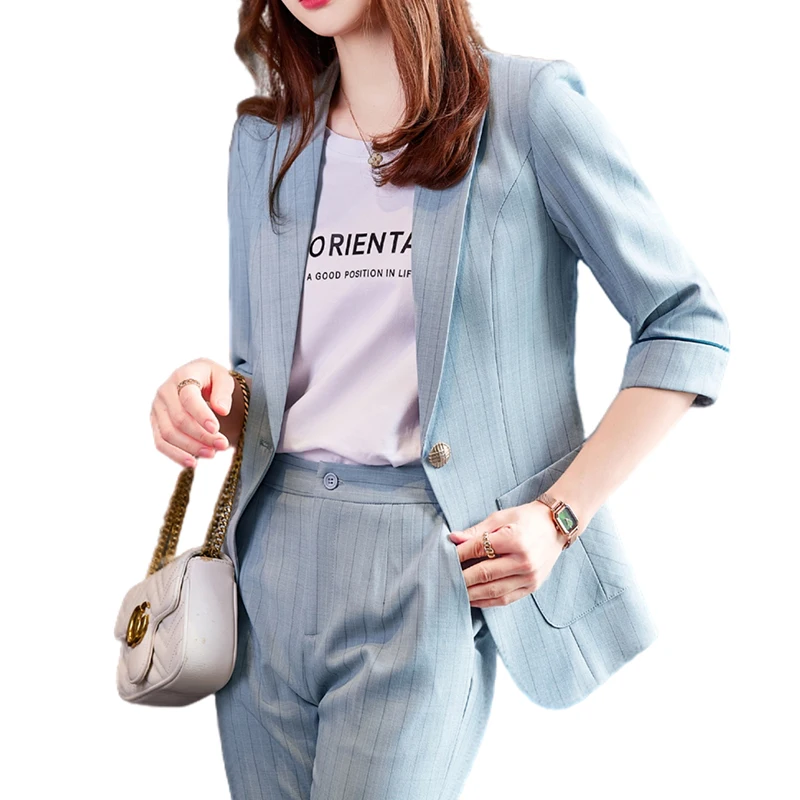 Lenshin 2 Piece Set Suits Half Sleeve Pant Suit Summer Wear Office Lady Fashion Casual Women Stripe Blazer Ankle-Length Trousers