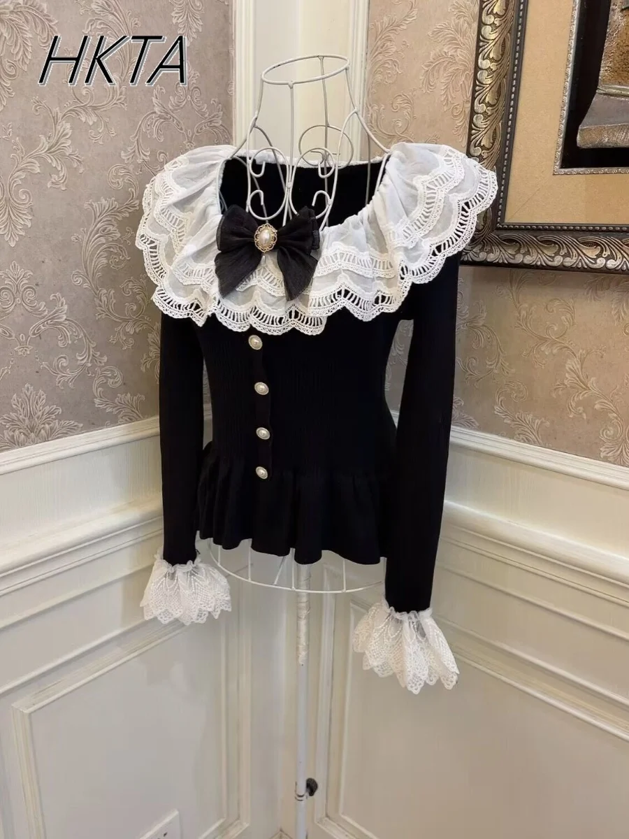 Кружевной свитер принцессы с бантом и вышивкой кружевной рог длинными рукавами