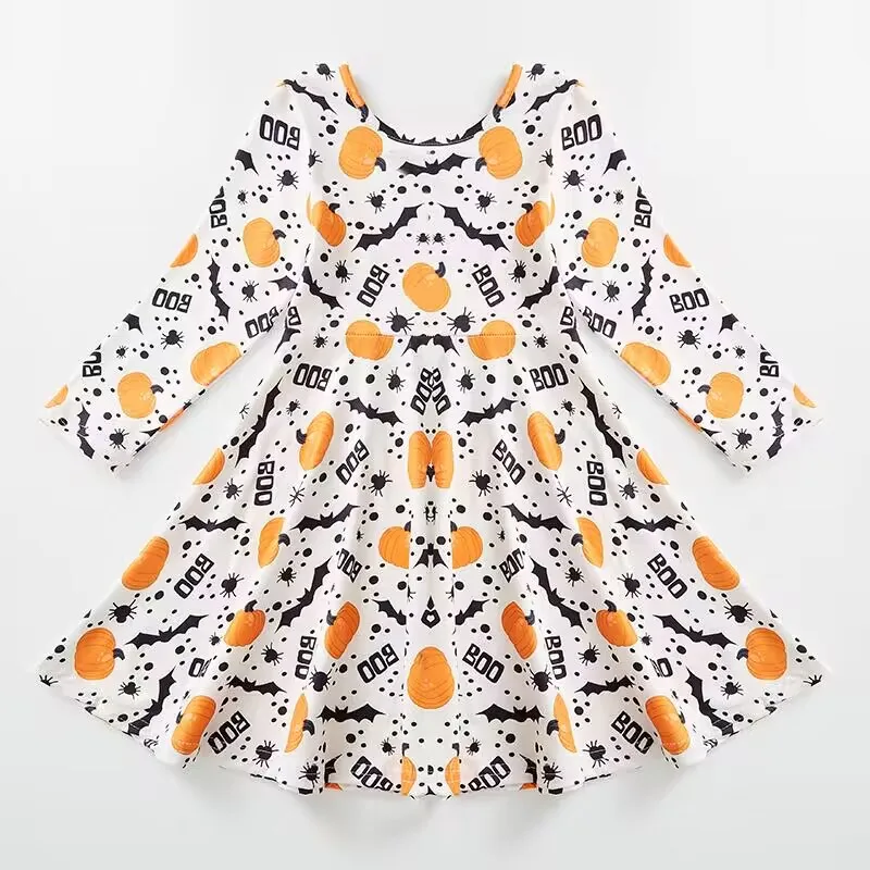 

Baby Girl Happy Halloween Fall Pumpkin Bat Dress Long Sleeves Children Clothes Wholesale Infant Boutique Horror Clothing
