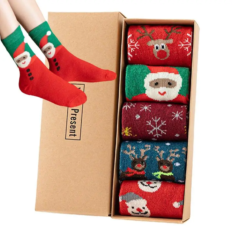 

Christmas Socks Set Wool Reindeer Mid Calf Socks Multifunctional 5 Pairs Cartoon Knitted Women SockGift BoxFor Christmas Supply