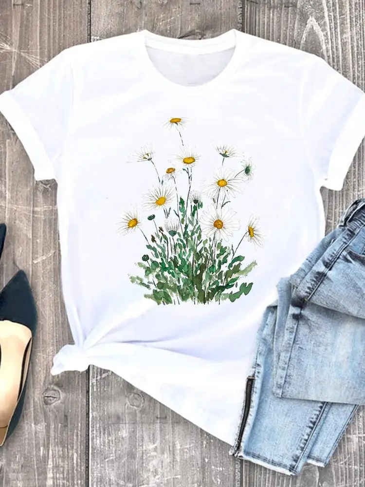 

Tee Pretty Women Clothing Print Tshirt Nice Top O-neck Flower 90s Short Sleeve Fashion Casual Summer Graphic T-shirt