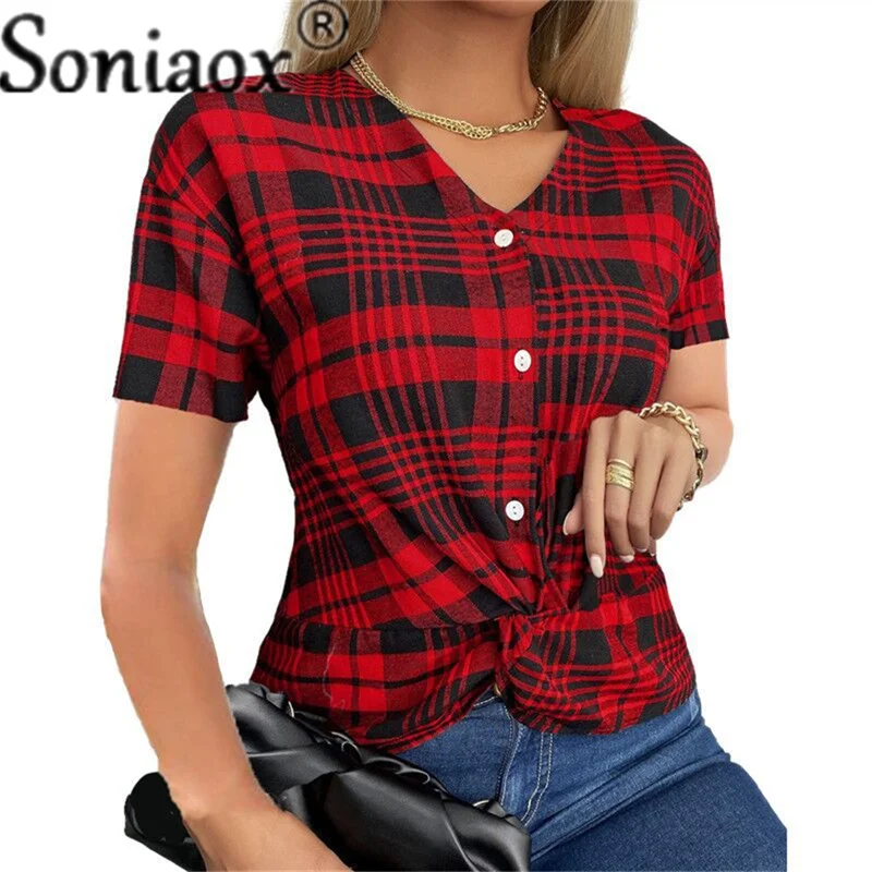 Женская блузка с коротким рукавом V-образным вырезом и принтом в клетку |