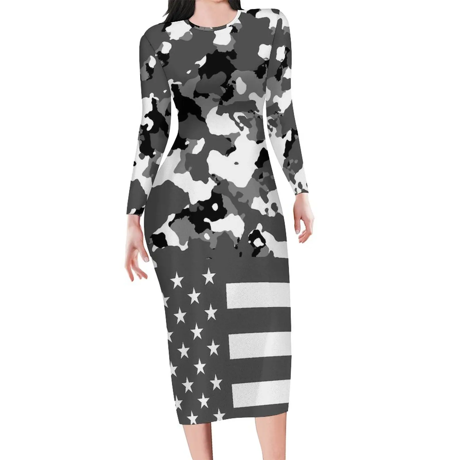 

Женское облегающее платье с длинным рукавом и принтом, в стиле милитари