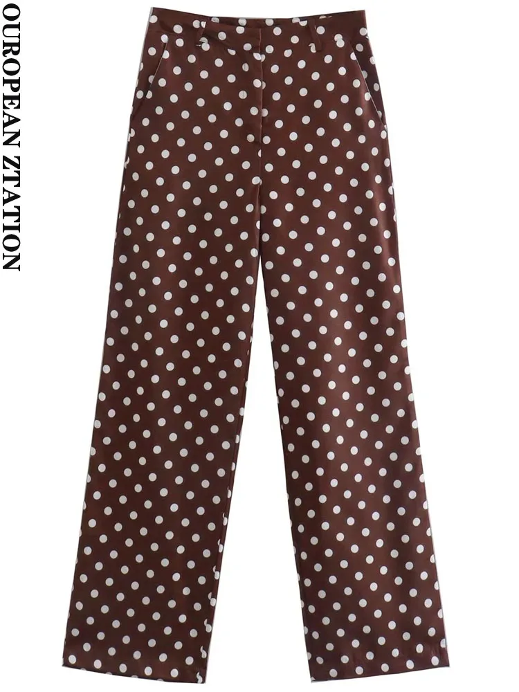 

PAILETE Women 2022 fashion side pockets polka dot straight pants vintage high waist zipper fly female trousers mujer