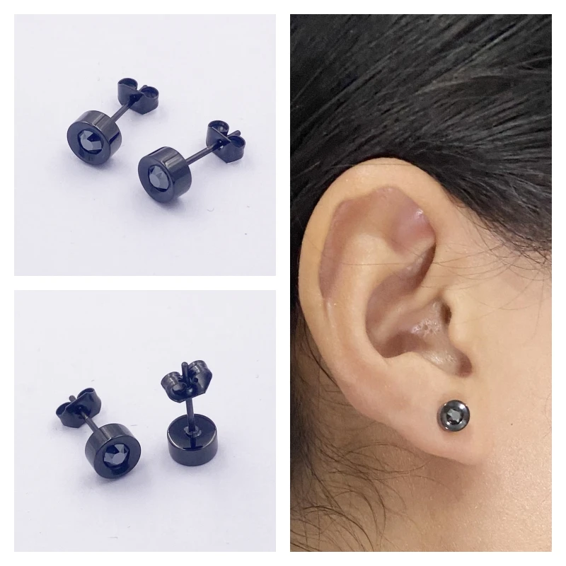 

Fashion Light Luxury Small Round Metal Simple Women's Surgical Black Plated Color Piercing Rhinestone Stainless Steel Ear Studs