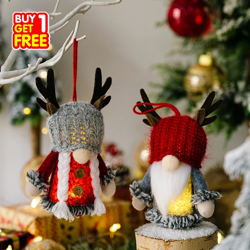 

Buy 1 Get1 Free Christmas Ornaments Knitted Cap with Lights Charm Antler No Face Doll Charm Pine Tree Hanging Cute Room Decor