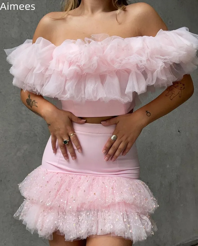 

Новое поступление, Милая Сексуальная сетчатая юбка с оборками и вырезом лодочкой, комплект из двух предметов, мини-юбка с блестками, многосл...