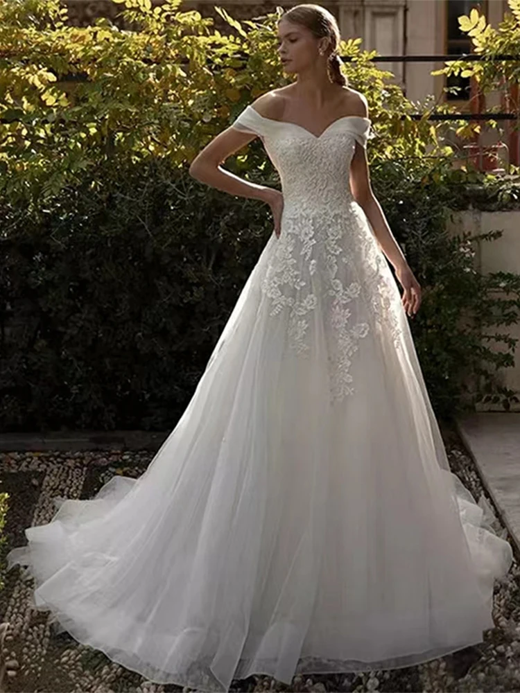 

Женское свадебное платье с открытыми плечами, элегантное бальное платье с аппликацией сердечком, с открытой спиной, из тюля со шлейфом