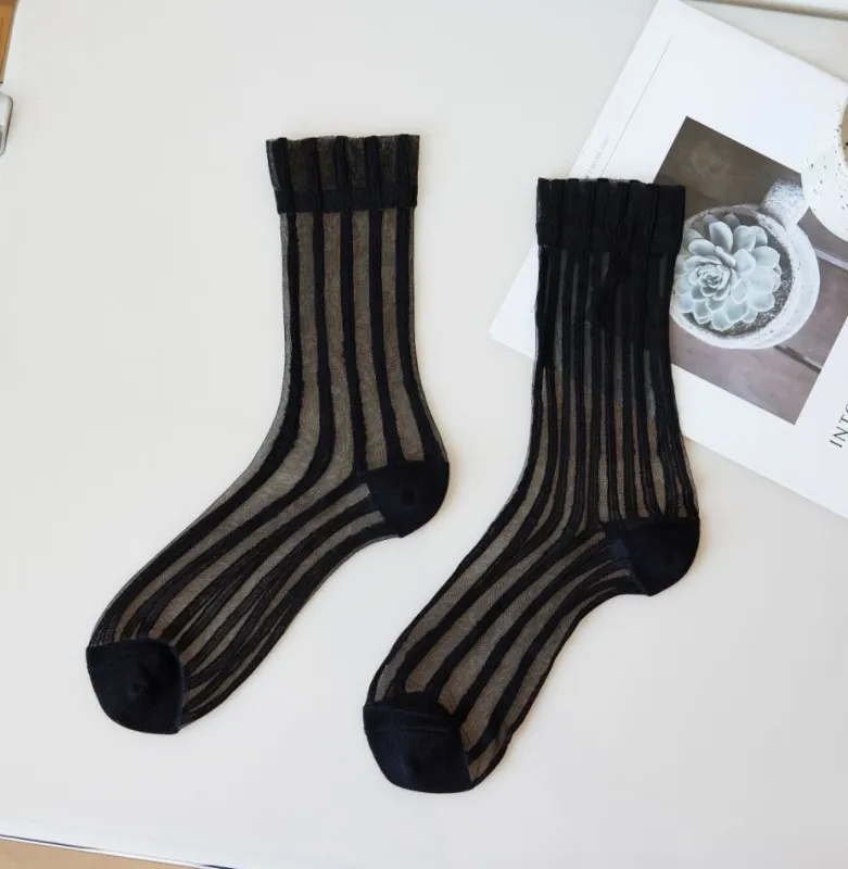 Women's Mid-Calf Ultra-Thin Transparent Socks Vertical Stripes Summer Breathable Cool