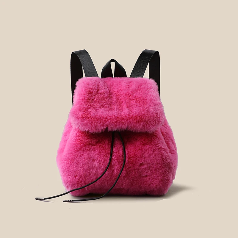 For Women Designer Rose Red Soft Plush Back Packs For Teenage Girls Luxury Faux Fur Female Bags Winter