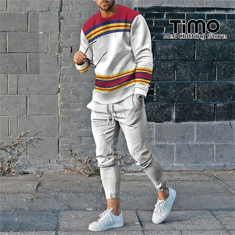 2023 New Long Sleeve Set Men Tracksuit Fashion Printed T-shirt Pants Suit High Quality Men's Running Sportswear 2 Piece Set