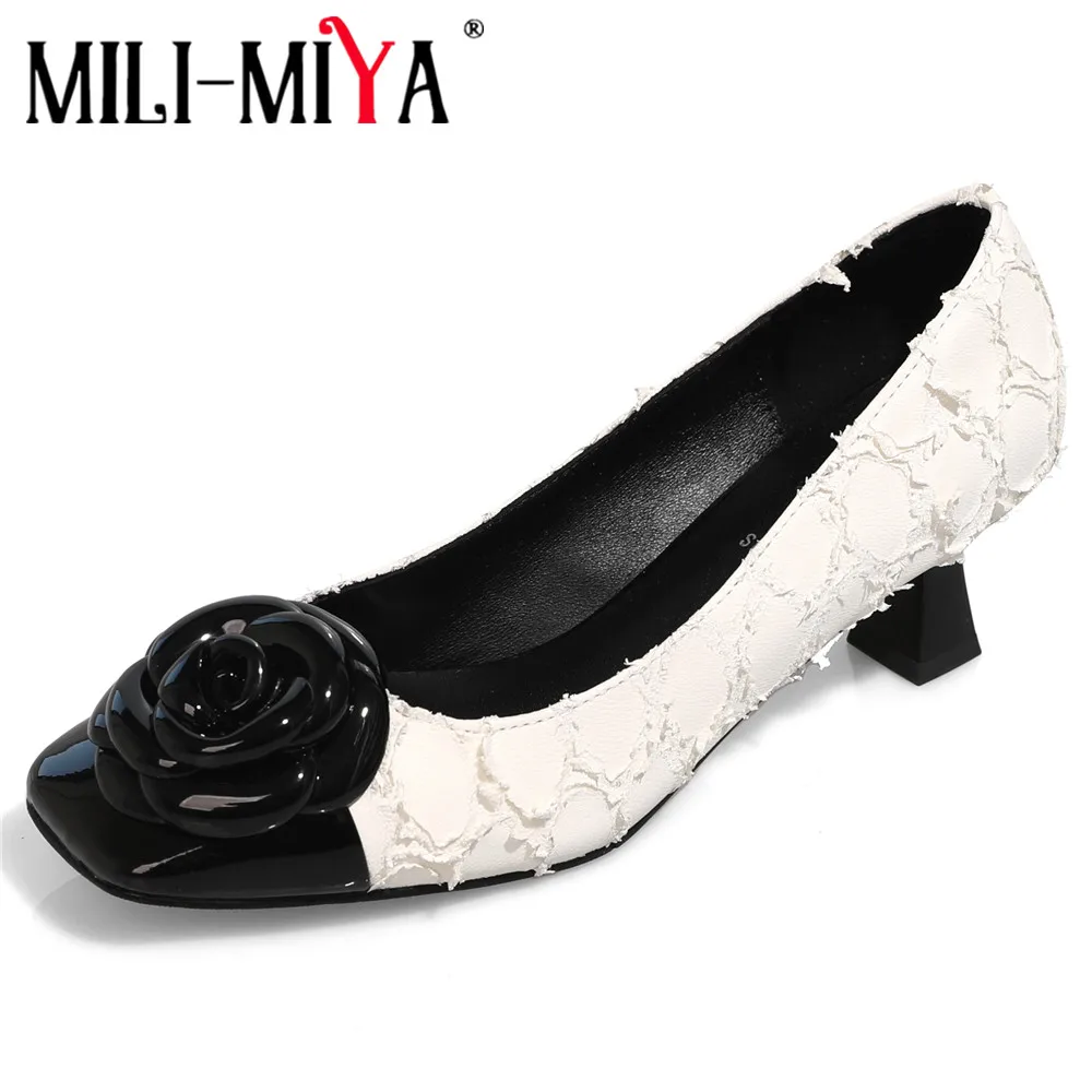 Женские туфли-лодочки MILI-MIYA из коровьей кожи с цветами на толстом каблуке круглым