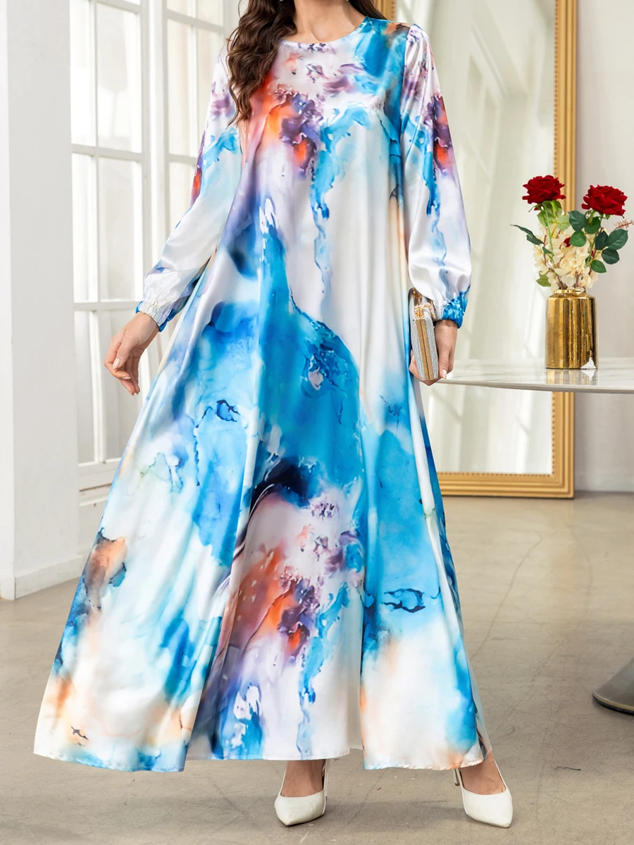 Женское богемное длинное платье-кафтан халат с длинным рукавом и круглым вырезом