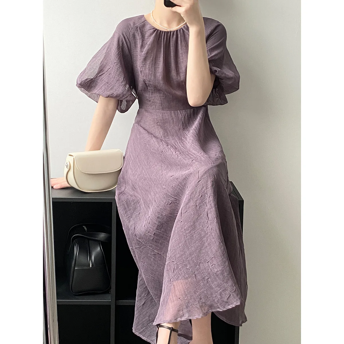 

2023 New O Neck Temperament Women Dress Solid Color Long Summer Dresses Office Lady Puff Sleeve A-Line Skirts