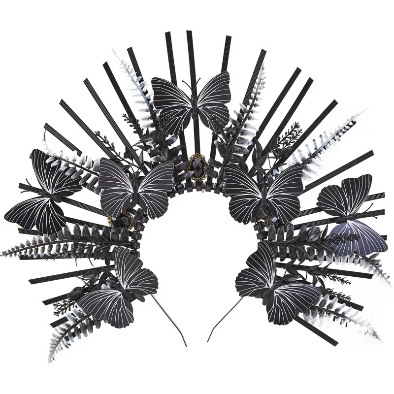 

Black Spiked Halo Hair Ornament Gothic Lolita Leaf Butterfly Crown Headband Halloween Party Siren Hair Accessories