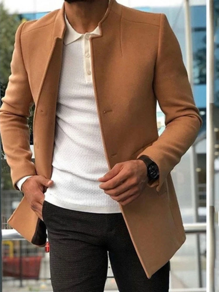 

Простое модное шерстяное мужское пальто, повседневная мужская одежда, молодежная Новинка 2023, модное мужское однотонное приталенное пальто на весну и осень