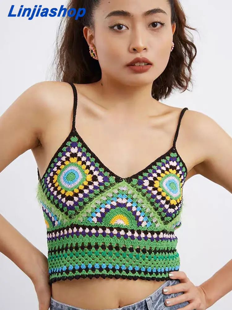 

2022 Summer New Women's Clothing Ethnic Retro Hand Crocheted Fruit Green Color-blocked Checkered Knitted Camisole
