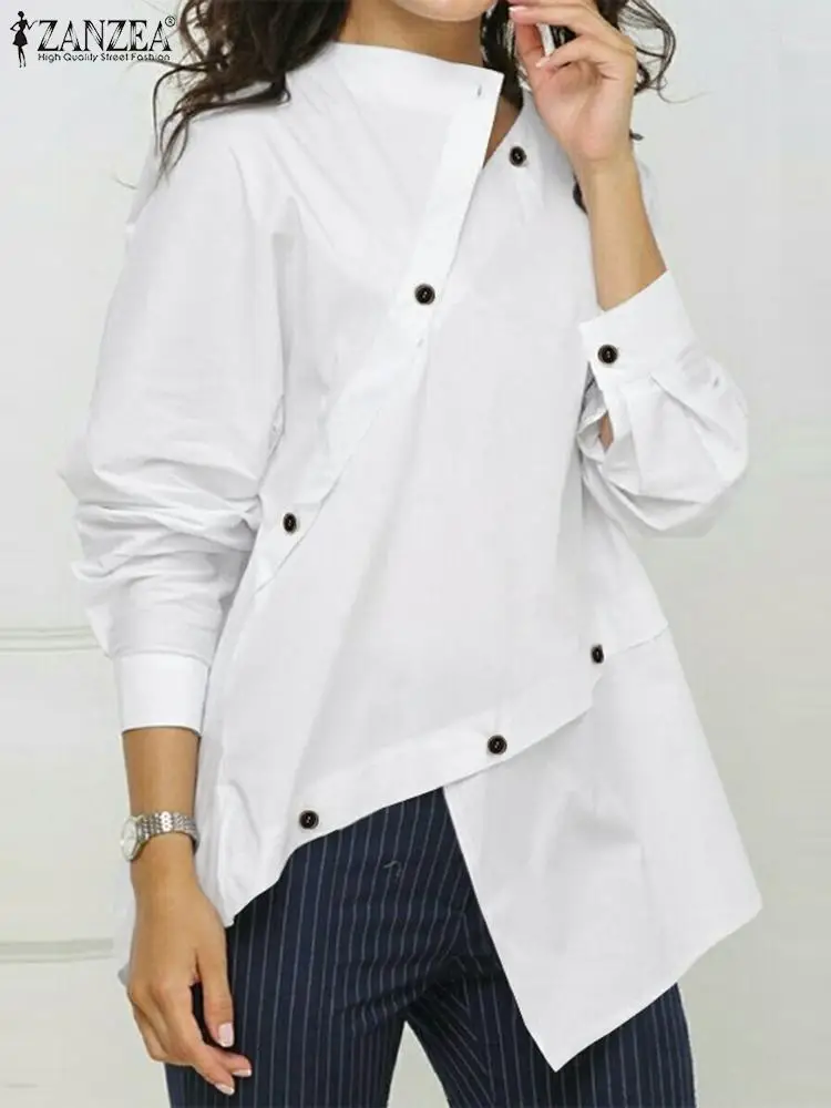 

ZANZEA Women Long Sleeve Shirt Streetwear Fashion Asymmetrical Hem Casual Blouse Buttons Splicing Chic 2023 Autumn Tops Femme
