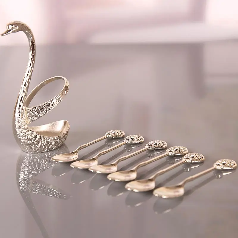

Dinnerware Swan With Set 6pcs Spoons Decorative Fruit For Creative Steel Holder Base Coffee 6 Stainless Mixing Dessert Stirring
