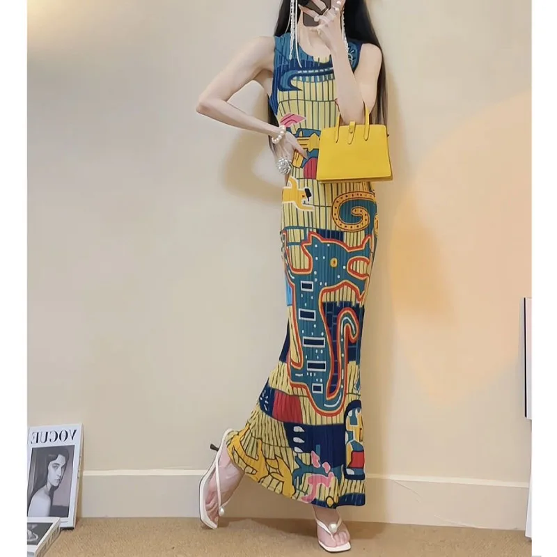 Женское прямое платье без рукавов Летнее Длинное плиссированное в складку