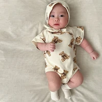 2022 summer new baby cotton cartoon bear print short sleeve bodysuit toddler infant boy girl jumpsuit hat baby outfits 0 24m