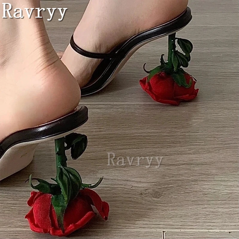 2023 Newest Rose Heels Women Slippers Elegant Red Flowers High Heels Sandals Fashion Lady Banquet High Heels Shoes