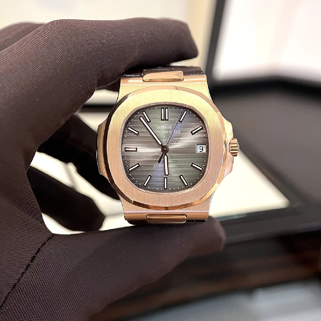 

Elegant PP Rose Gold Men's Watches 8215 Automatic Mechanical Business Wristwatch 100M Waterproof Stainless Steel Watch for Man