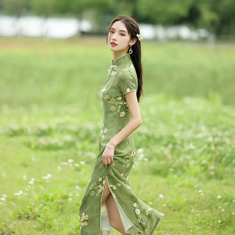 

Elegant Green Flower Print Long Cheongsam Women Chinese Traditional Stand Collar Side Slit Qipao 2022 Summer Slim Party Dresses