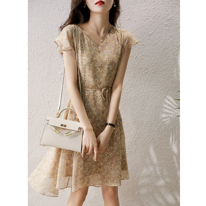 

Женское шифоновое платье до колен, элегантное вечернее платье с коротким рукавом и цветочным принтом, модель 25952 на лето