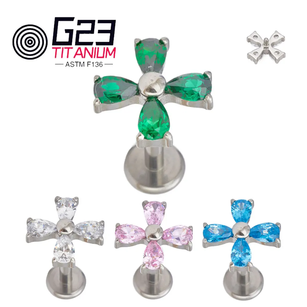 

G23 ASTM F136 Titanium Four Leaf clover CZ Helix Cartilage Tragus Stud Earring Labret Internal Threaded Flat Back Body Piercing