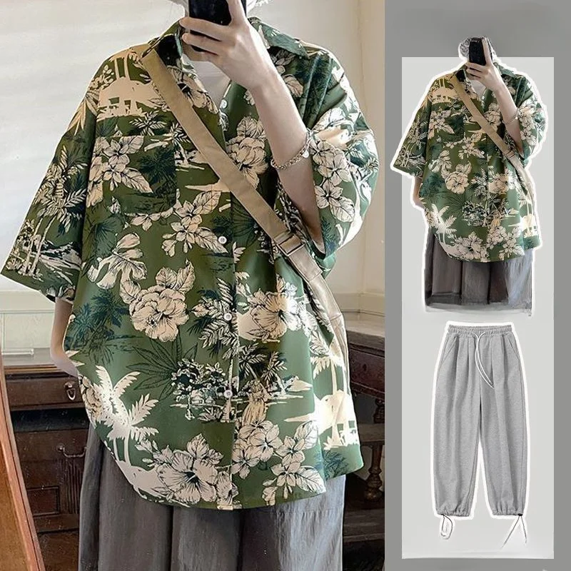 

Summer Causal Set Mens Front Pocket Hawaiian Shirts with Pants 2 Pieces Set Floral Printing Beach T-Shirts Pants Outfits BS106