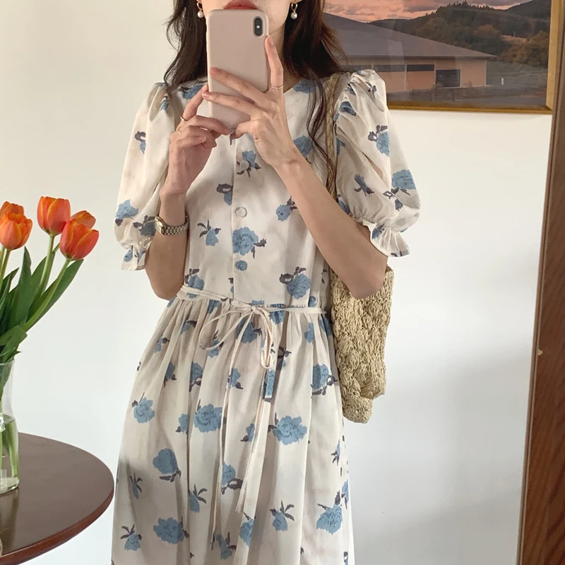 

Elegant Temperament in Summer Round Neck Single Breasted Loose Bubble Sleeve Full Screen Floral Long Dress for Women