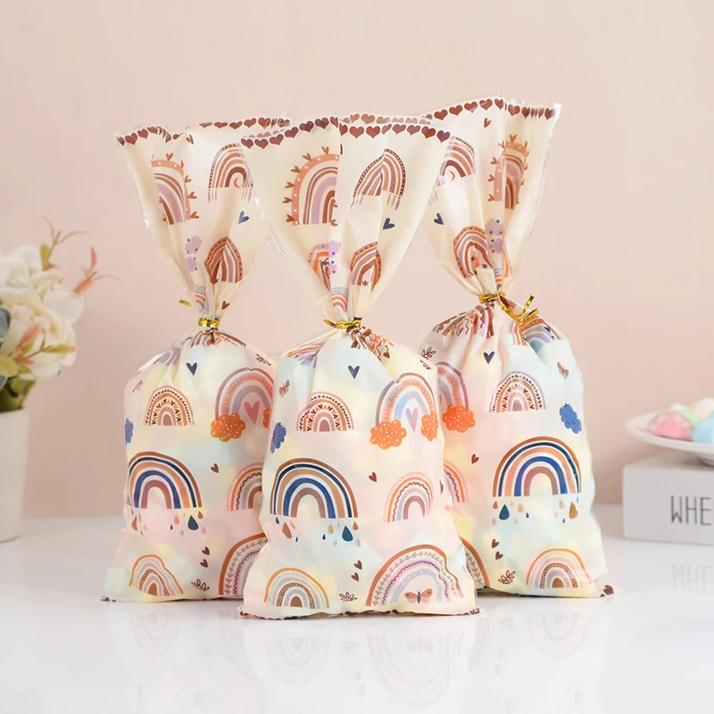 

20/50pcs Cartoon Rainbow Pattern Plastic Cookies Bags Candy Chocolate Gift Packaging Bag With Ties Kids Birthday Party Supplies