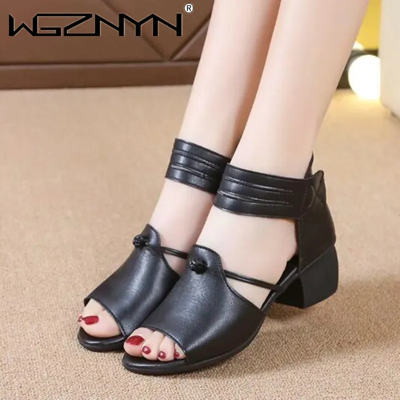 

Женские сандалии с открытым носком, на ремешках, летние римские сандалии-гладиаторы на блочном каблуке, черные кожаные сандалии-гладиаторы ...