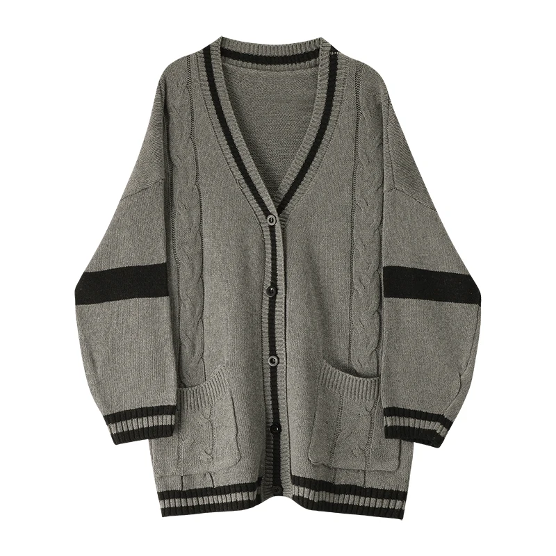

Корейский Свободный вязаный кардиган, пальто, Осенний женский серый повседневный однобортный свитер с карманами и V-образным вырезом, тепло...