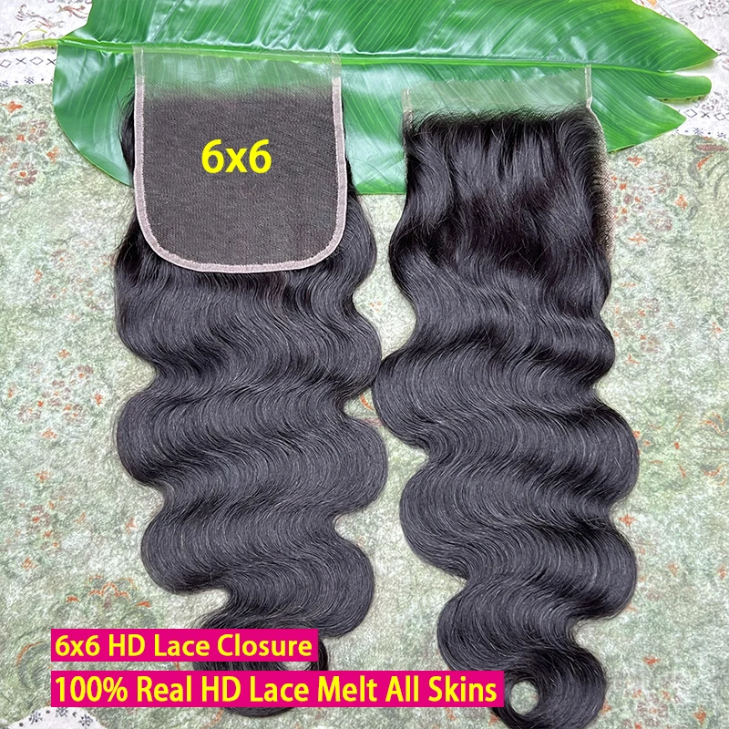 Фото Накладка для волос 6X6 Body Wave HD Lace Closure с невидимой HD-сеткой, имитирующей кожу, предварительно выщипанная, с осветленными узлами, 100% натуральные необработанные человеческие волосы, натуральный цвет №1