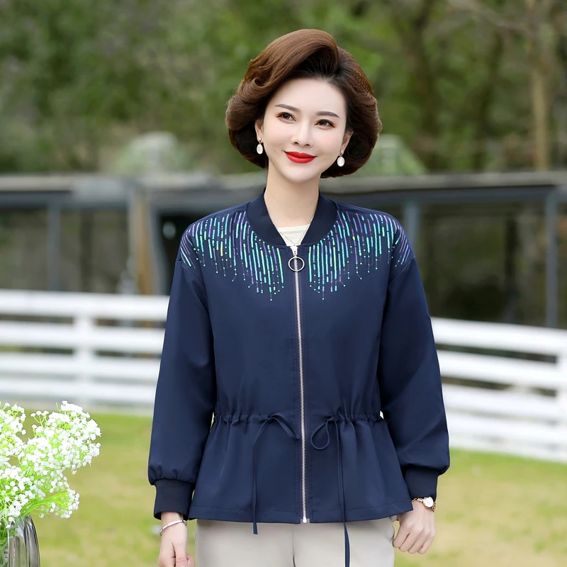 

2022 Mother Jackets Spring Autumn drawstring slim fit Jacket Female Short Coat New Large size Middle-aged Elderly Women's Jacket